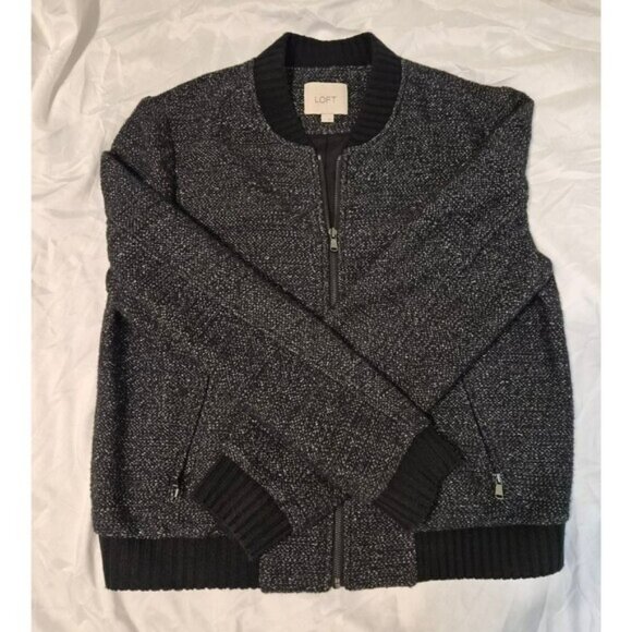 LOFT Marled Knit Bomber Jacket,Textured Zip-Up, Minimal Chic, Size L - Picture 7 of 9